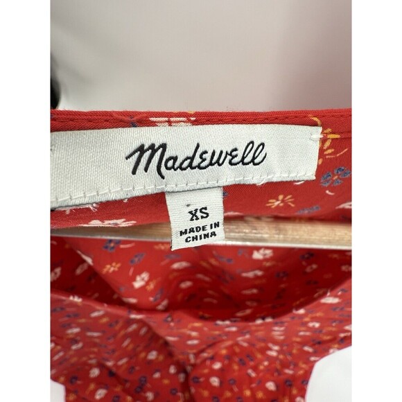 Madewell Womens XSMALL Tie Front Blouse Red Floral Short Sleeve V-Neck Viscose - Picture 3 of 10